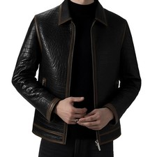 Men's Black Croco Texture Real Leather Jacket Croc Embossed Designer Outerwear