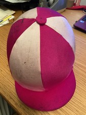 DUBLIN ONYX HORSE RACING PEAKED JOCKEY SKULL CAP WITH ORIGINAL RACING SILKS USED