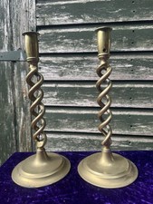 Pair of Antique Ecclesiastical Brass Open Barley Twist Candlesticks 12 In Tall