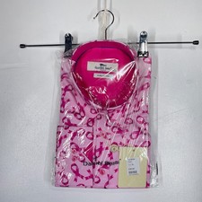 Claudio Lugli Shirt Mens XL 43-44 Pink Breast Cancer Awareness Ribbon Print NEW