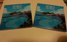 2 Tenby Ceramic Coasters with Cork Back Made In Wales