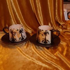 Vintage 1970s 2 x Celtic Newlyn Folk Cups & Saucers Bill & Maggie Fisher