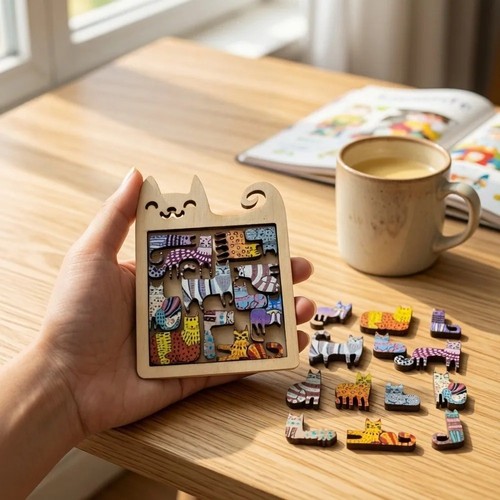 Wooden cat shaped puzzle toy - wooden,