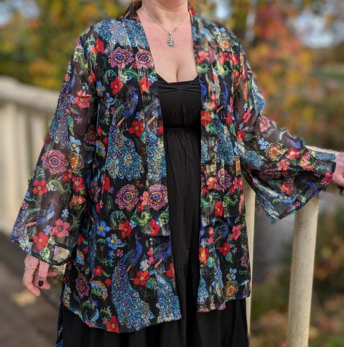 Black kimono top peacock - kimono,