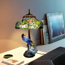 Tiffany Mosaic Glass Vibrant Blue Peacock Figurine Decorative Table Desk Lamp