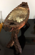 vintage stool 1960/70's Spanish rustic carved wooden stool cow-hide/skin top