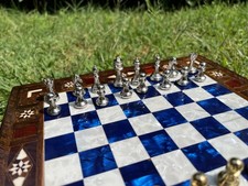 Pearl Blue Chessboard w Wooden Chess Set with Drawer | Metal Chess Pieces Gift