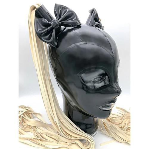 Black latex hood with - hood, white
