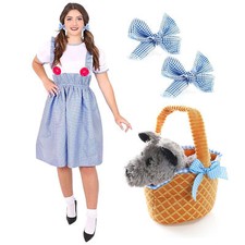 LADIES KANSAS GIRL COSTUME & PLUSH DOG BASKET DOROTHY BOOK DAY FILM CHARACTER