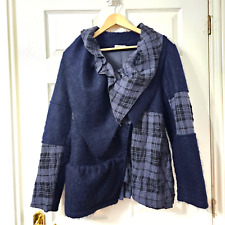 Myrine & Me Womens Lagenlook jacket Size XL Boiled Wool Tartan Ruffle Irregular
