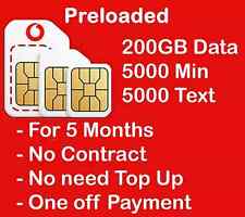 sim card Vodafone PAYG preloaded , 200gb data. 5000 Min & text , for 5 months