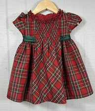 Vintage 90s BONNIE JEAN Baby Girl Holiday Dress Puff Sleeves Plaid 18M Red Green
