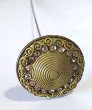 Vintage (Antique?) 12" Hat Pin: Carved Olive-Green Early Plastic & Rhinestones