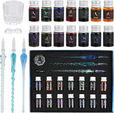 19 Pieces Glass Dip Pen Ink Set, 3 Crystal Pen with 14 Colorful Inks and Hold...