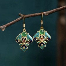 9ct Gold Plated 925 Sterling Silver Earrings Turquoise Gold Green Jade Earrings