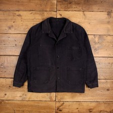 Vintage French Workwear Jacket L 60s Faded Moleskin Black Button Chore Utility
