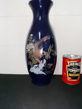 Vintage Japanese Cobalt Blue And Gold Porcelain Ceramic Vase Peacock Floral