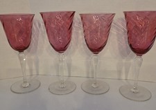 Set of 4 Handblown Cranberry  Wine Glasses w/ Optic Swirl Design & Clear Stems