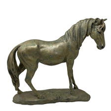 Bronze Effect Horse Sculpture Detailed Resin Figurine On Stand 35cms H 39cms L