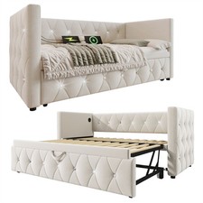 DAYBED VELVET UPHOLSTERED BED SINGLE BED GUEST BED SOFA BED WITH TRUNDLE BEIGE