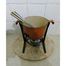 Le Creuset Enamel Fondue Set with Stand Burner & Forks – Orange Vintage France