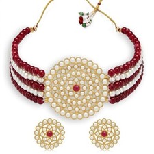 Adorable Gold Plated Pearl Choker Necklace Set for Women Maroon & White