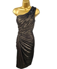 14 UK BIBA Vintage Bronze Arabian Nights Grecian Beaded One Shoulder Drape Dress
