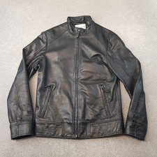 Reiss Mens Jacket Small Black Leather Orpwood Bomber Biker Coat Cafe Racer Moto