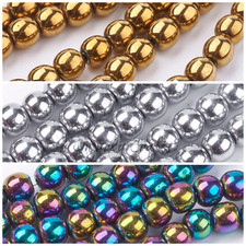 Strand Non Magnetic Synthetic Hematite Round Beads Silver Gold Rose Or Rainbow