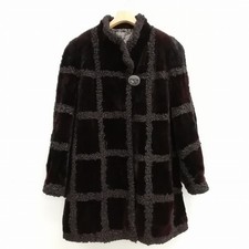 Lamb fur plaid coat, dark brown, women's