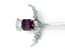 MIZPAH Scottish Thistle Brooch or Kilt Pin Silver Tone & Amethyst Tone Glass