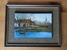 Framed Kevin Platt Print – Riverside Scene with Boats & Cathedral (7"x5")