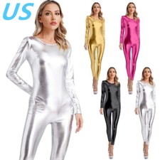 Women Shiny Metallic Catsuit Bodysuit One Piece Long Sleeve Jumpsuit Clubwear