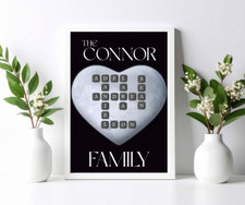 PERSONALISED FAMILY MOON HEART FRAMED A4 PICTURE,SCRABBLE STYLE NAMES WORDS GIFT