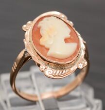 9ct Vintage Yellow Gold & Carved Shell Cameo Ring Classical Maiden Portrait