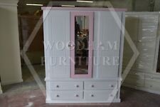 HANDMADE AYLESBURY 4 DRAWER TRIPLE MIRRORED WARDROBE WHITE/PINK (NOT FLATPACKED)