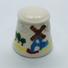 Hand Painted Ceramic Porcelain Thimble w/ Windmill & Trees