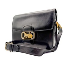 CELINE Vintage Horse Carriage Black Leather Shoulder Bag Gold hand bag Authentic