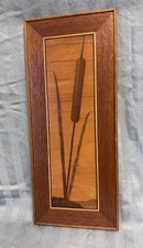 Vintage Handmade Wood Inlay Marquetry Plaque Cat Tails Wall Art Picture