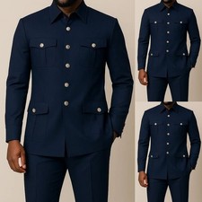 Outdoor Navy Blue Men Suit Safari Jacket Formal Wedding Casual Hunting Coat Pant