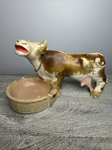 Chalkware mooing cow ashtray - cow,