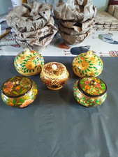 5 X Vintage Kashmiri Hand Painted Flower Floral Papier Mache Trinket Box Pots