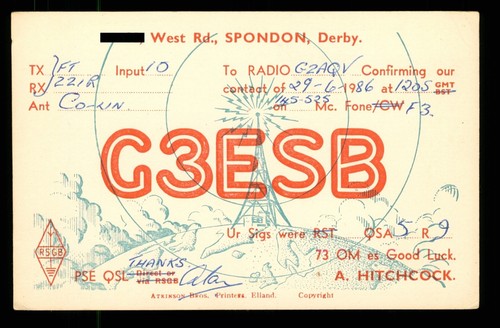 Qsl card radio g3esb 1986 - uk,