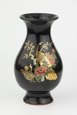 Vintage Black & Gold Lacquer Style Ceramic Vase - Peacock with Floral Design