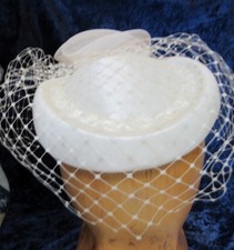 Vintage 80s 90s Ivory White Satin Veiled Hat Wedding Church Races