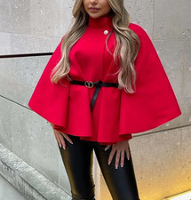 Womens Short Sleeve Belted Poncho Ladies Batwing Sleeve Button Coat Cape Jacket