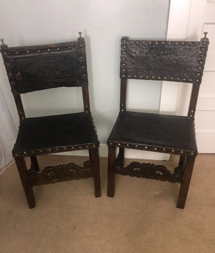 Pair antique tooled leather - tooled,