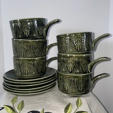 Tams ware 6 green soup (coffee) bowls Matching saucers Leaf vintage MCM 1970s