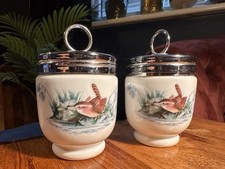 Pair Royal Worcester Porcelain Bird Egg Coddlers Vintage England Screw Lids