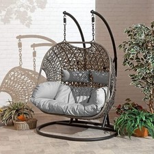 Double Cocoon Chair Swing Wicker Rattan Hanging Garden Furniture Grey Cushion 